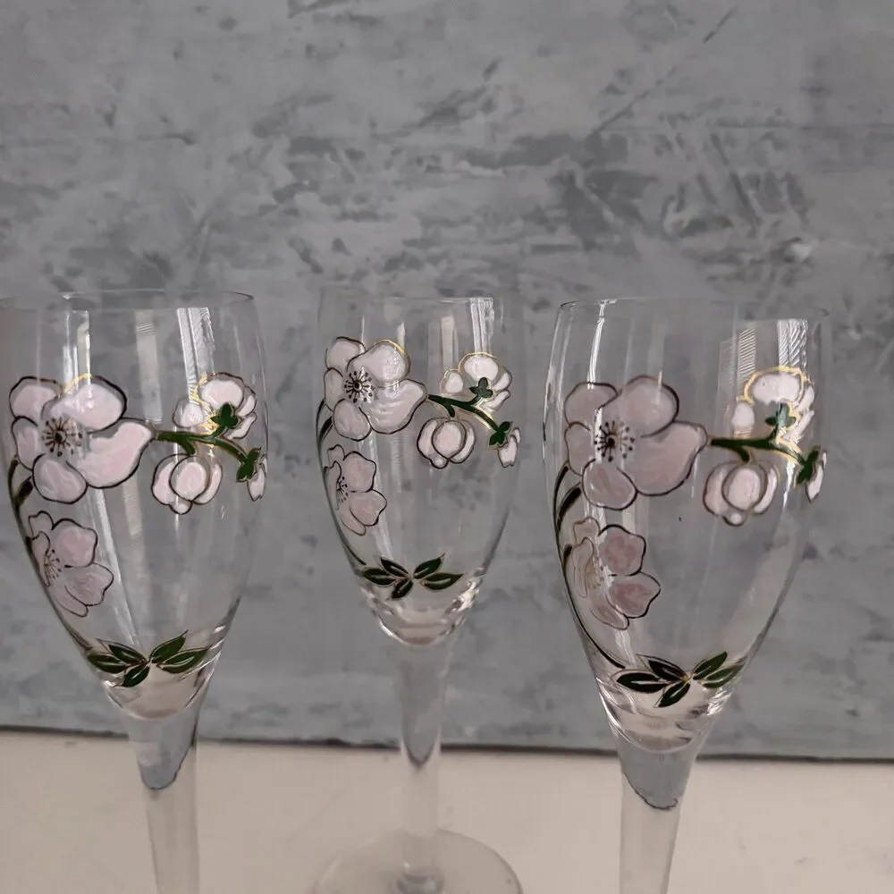 PERRIER JOUET CRYSTAL CHAMPAGNE GOBLETS LIGHT PINK FLORAL 7.5” 4 OZ  Set Of 3